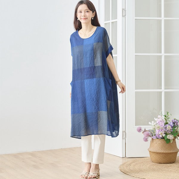 ブロックチェック柄 綿100% フレンチスリーブ ワンピース ゆったり 体型カバー L-LL