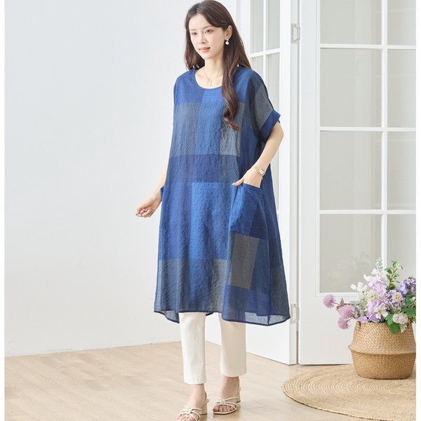 ブロックチェック柄 綿100% フレンチスリーブ ワンピース ゆったり 体型カバー L-LL