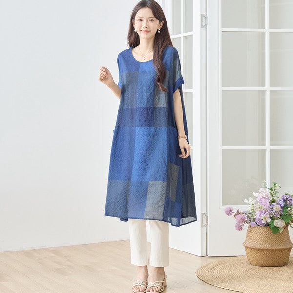 ブロックチェック柄 綿100% フレンチスリーブ ワンピース ゆったり 体型カバー L-LL