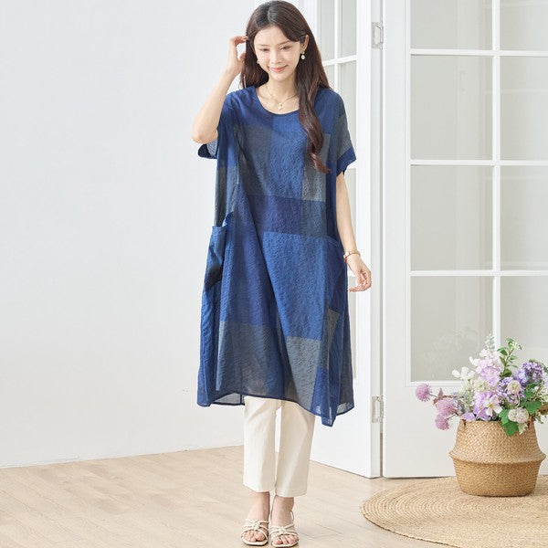 ブロックチェック柄 綿100% フレンチスリーブ ワンピース ゆったり 体型カバー L-LL