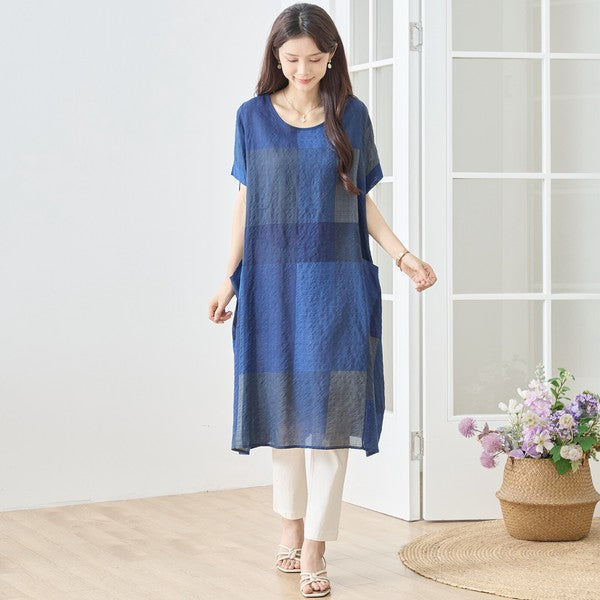 ブロックチェック柄 綿100% フレンチスリーブ ワンピース ゆったり 体型カバー L-LL