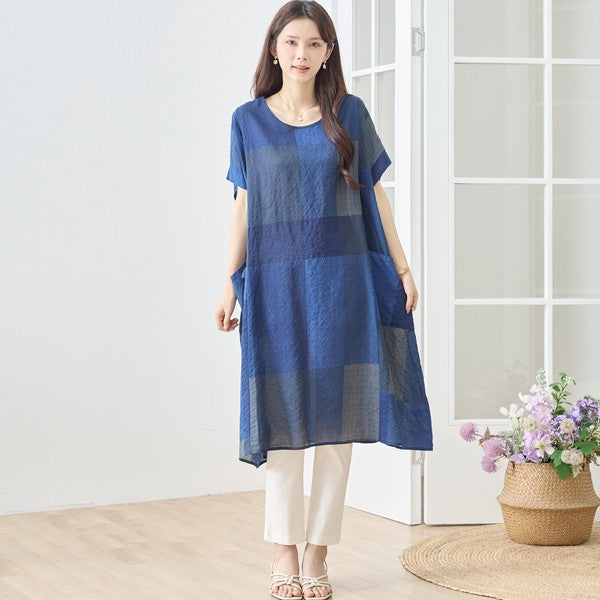 ブロックチェック柄 綿100% フレンチスリーブ ワンピース ゆったり 体型カバー L-LL