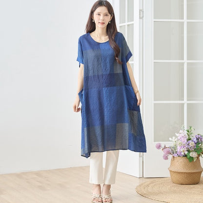 ブロックチェック柄 綿100% フレンチスリーブ ワンピース ゆったり 体型カバー L-LL