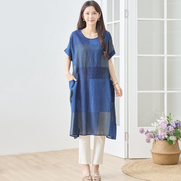 ブロックチェック柄 綿100% フレンチスリーブ ワンピース ゆったり 体型カバー L-LL