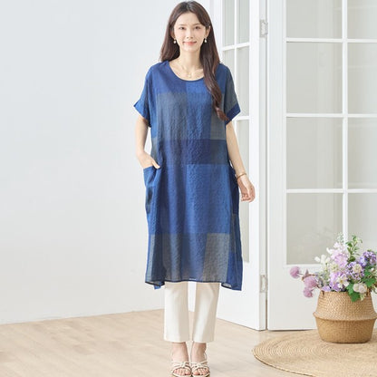 ブロックチェック柄 綿100% フレンチスリーブ ワンピース ゆったり 体型カバー L-LL