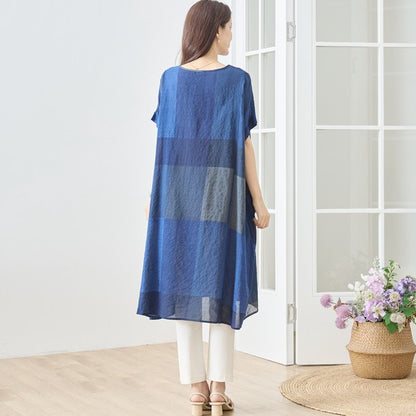 ブロックチェック柄 綿100% フレンチスリーブ ワンピース ゆったり 体型カバー L-LL