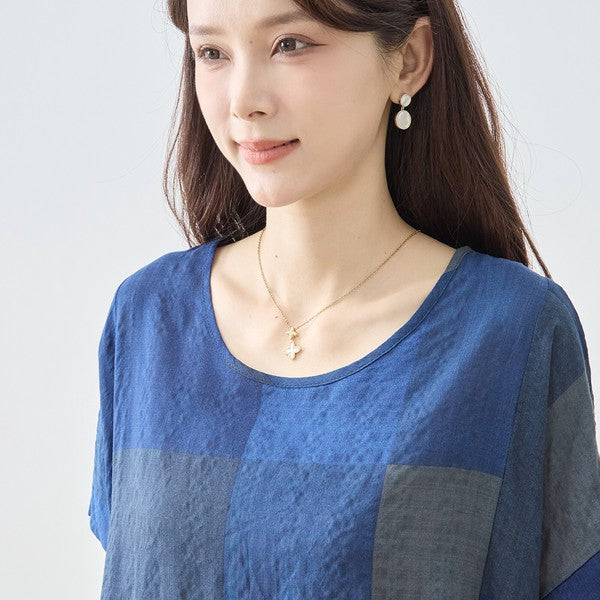 ブロックチェック柄 綿100% フレンチスリーブ ワンピース ゆったり 体型カバー L-LL