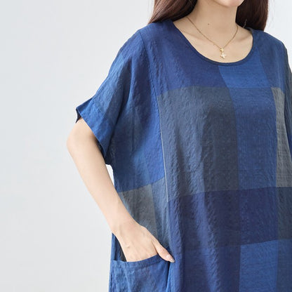 ブロックチェック柄 綿100% フレンチスリーブ ワンピース ゆったり 体型カバー L-LL