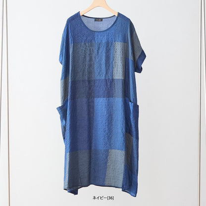 ブロックチェック柄 綿100% フレンチスリーブ ワンピース ゆったり 体型カバー L-LL