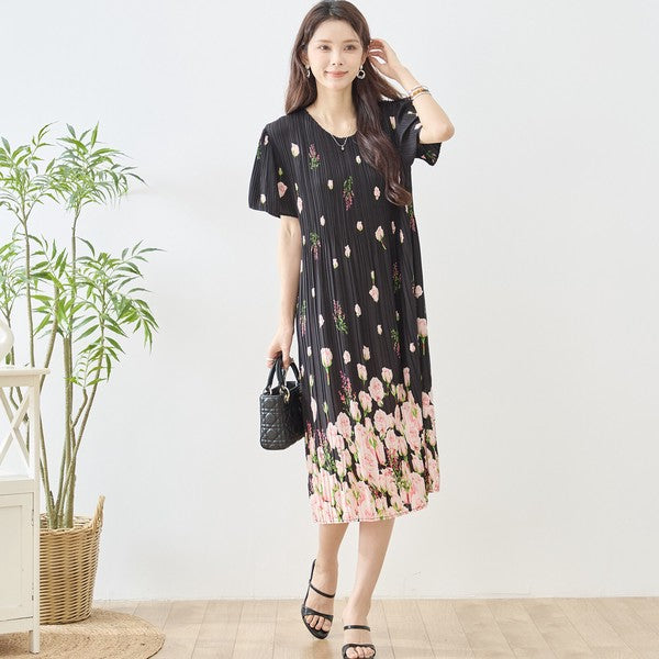 バラ柄 プリント プリーツ ワンピース 半袖 縦ライン 細見え イージーケア M-L