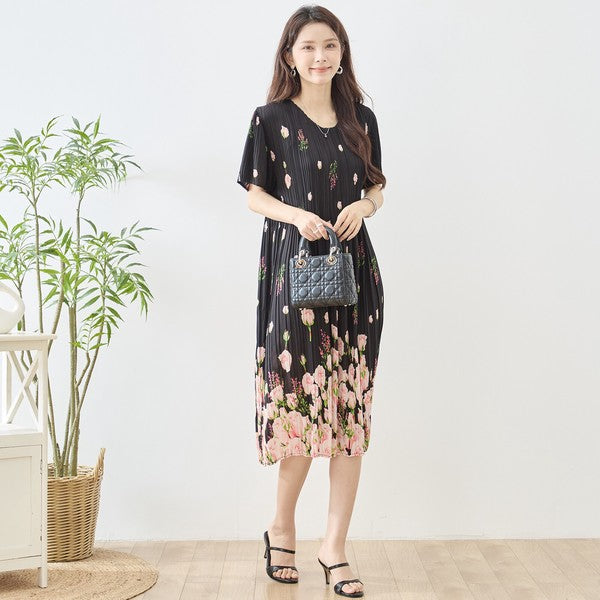 バラ柄 プリント プリーツ ワンピース 半袖 縦ライン 細見え イージーケア M-L