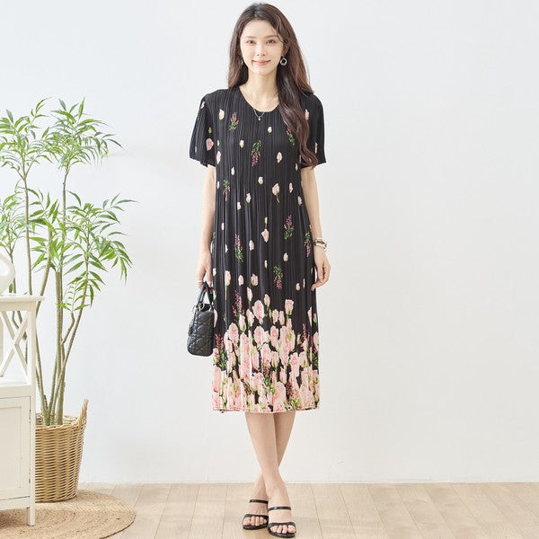 バラ柄 プリント プリーツ ワンピース 半袖 縦ライン 細見え イージーケア M-L