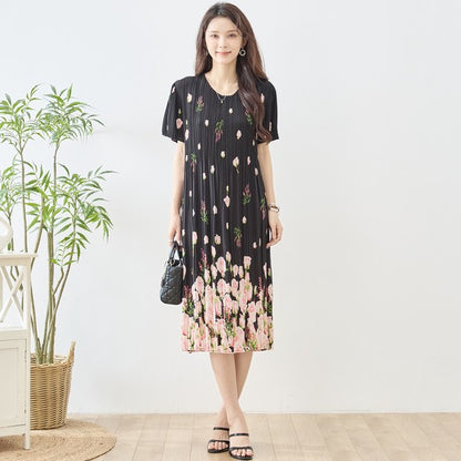 バラ柄 プリント プリーツ ワンピース 半袖 縦ライン 細見え イージーケア M-L