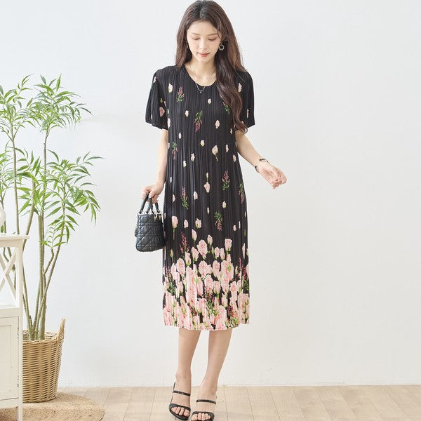 バラ柄 プリント プリーツ ワンピース 半袖 縦ライン 細見え イージーケア M-L