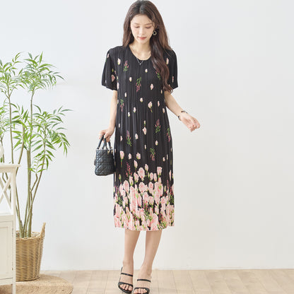 バラ柄 プリント プリーツ ワンピース 半袖 縦ライン 細見え イージーケア M-L