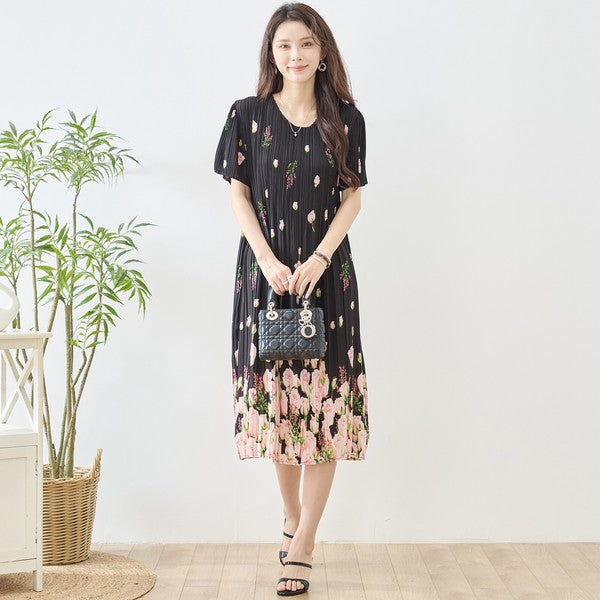 バラ柄 プリント プリーツ ワンピース 半袖 縦ライン 細見え イージーケア M-L