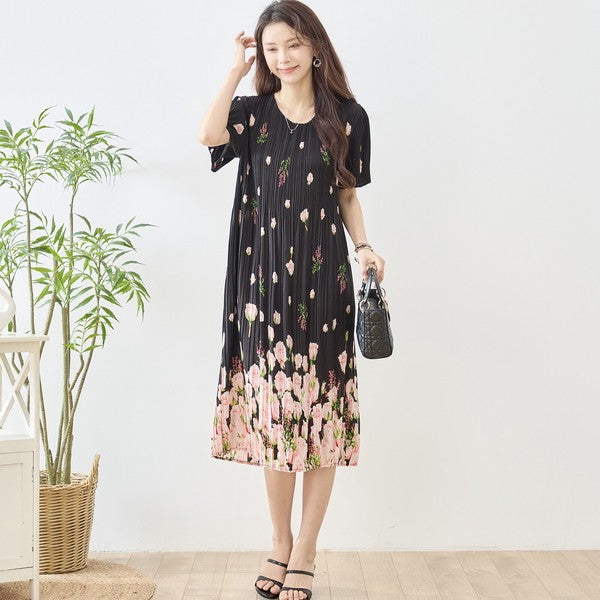 バラ柄 プリント プリーツ ワンピース 半袖 縦ライン 細見え イージーケア M-L