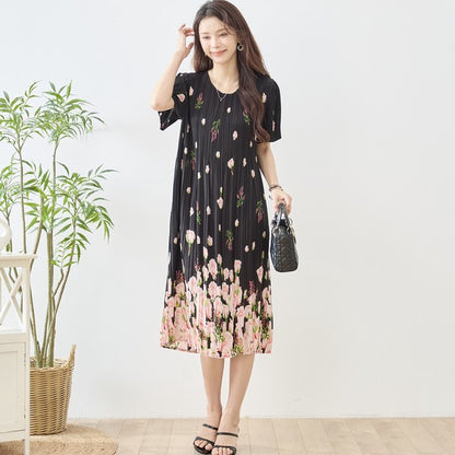 バラ柄 プリント プリーツ ワンピース 半袖 縦ライン 細見え イージーケア M-L