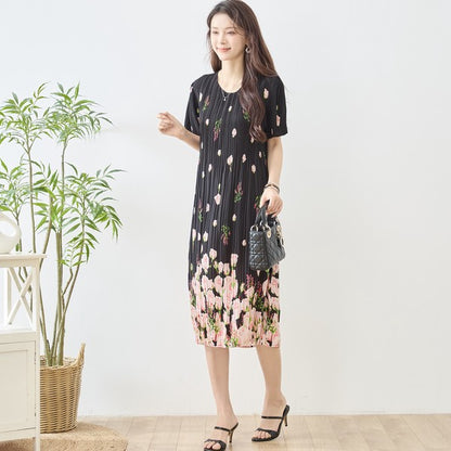 バラ柄 プリント プリーツ ワンピース 半袖 縦ライン 細見え イージーケア M-L