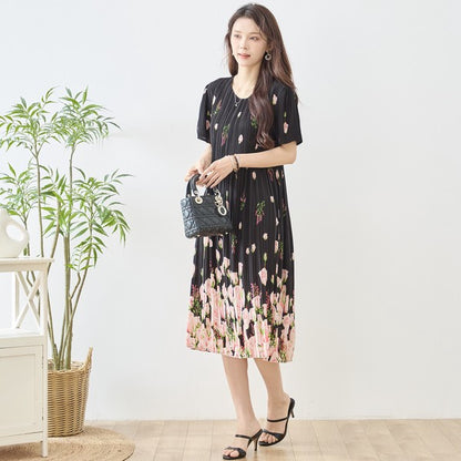 バラ柄 プリント プリーツ ワンピース 半袖 縦ライン 細見え イージーケア M-L