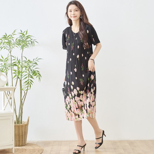 バラ柄 プリント プリーツ ワンピース 半袖 縦ライン 細見え イージーケア M-L