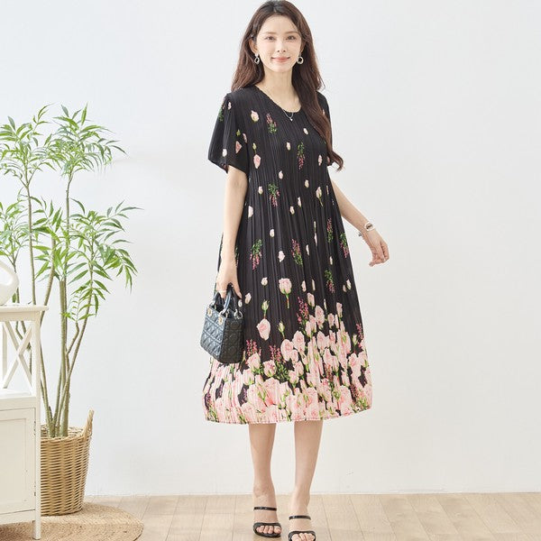 バラ柄 プリント プリーツ ワンピース 半袖 縦ライン 細見え イージーケア M-L