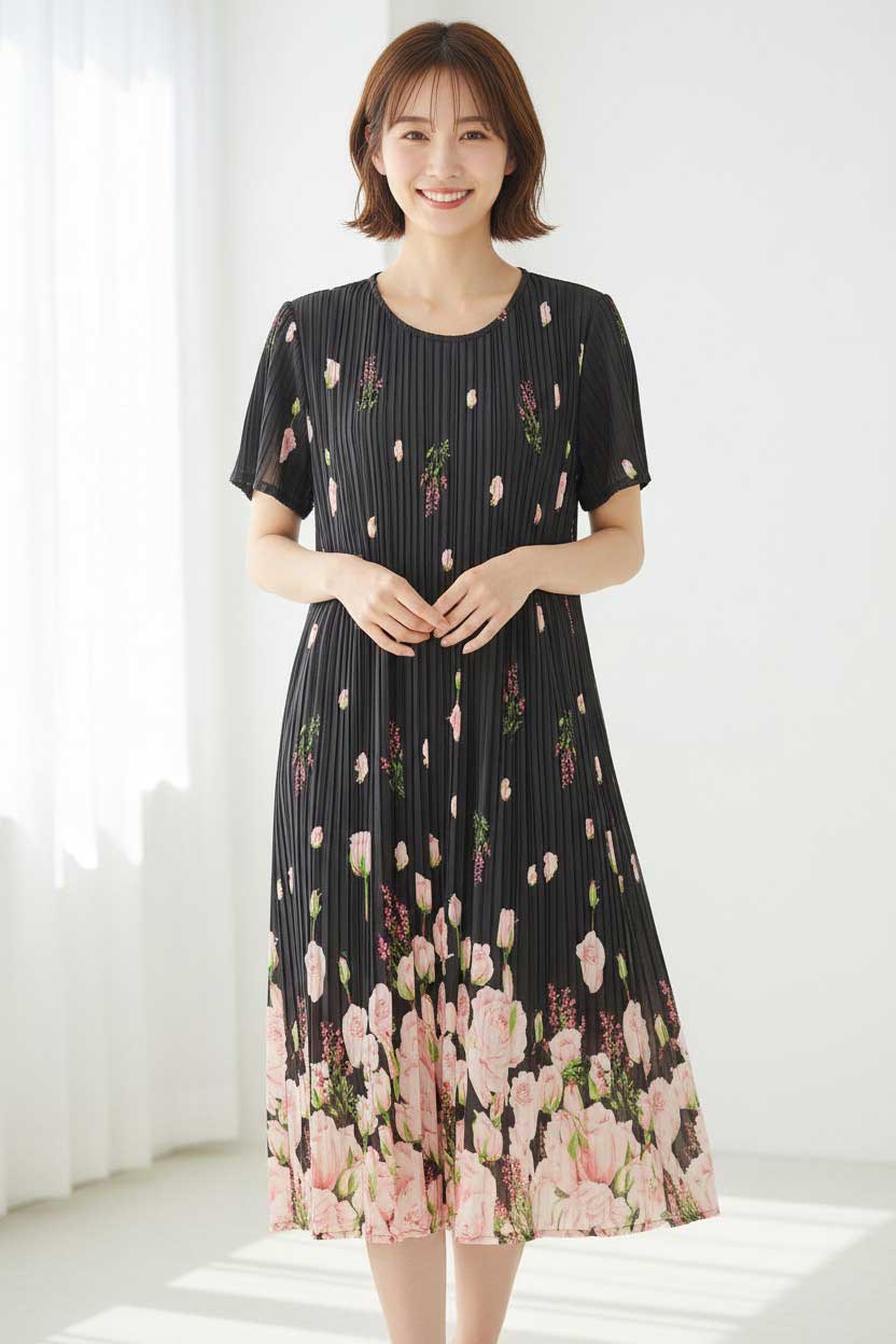 バラ柄 プリント プリーツ ワンピース 半袖 縦ライン 細見え イージーケア M-L