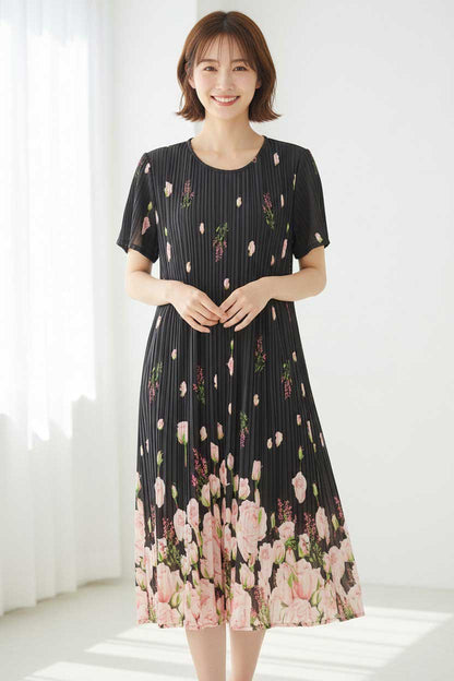 バラ柄 プリント プリーツ ワンピース 半袖 縦ライン 細見え イージーケア M-L