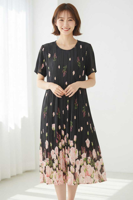 バラ柄 プリント プリーツ ワンピース 半袖 縦ライン 細見え イージーケア M-L