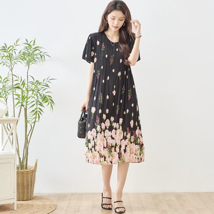 バラ柄 プリント プリーツ ワンピース 半袖 縦ライン 細見え イージーケア M-L