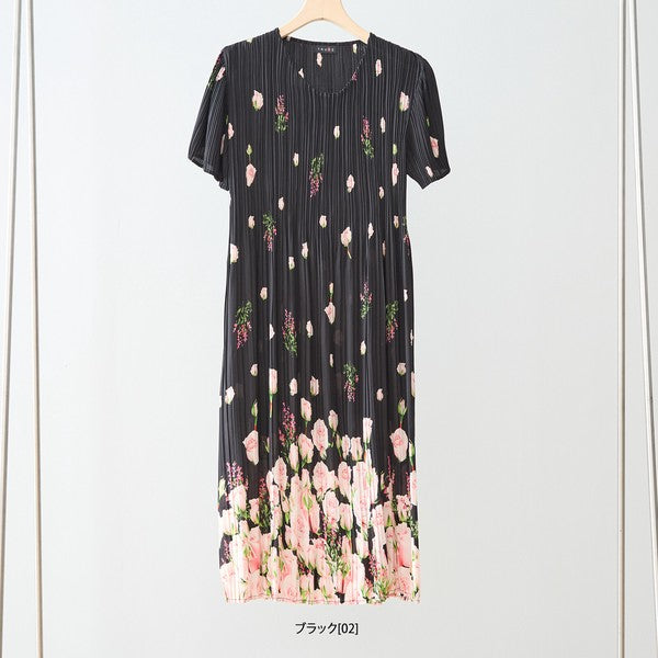 バラ柄 プリント プリーツ ワンピース 半袖 縦ライン 細見え イージーケア M-L