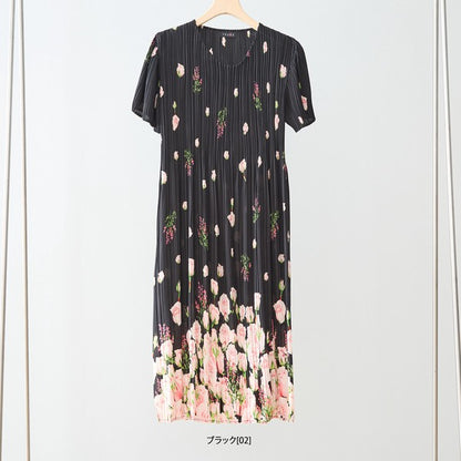 バラ柄 プリント プリーツ ワンピース 半袖 縦ライン 細見え イージーケア M-L