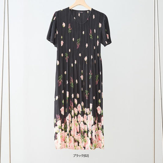 バラ柄 プリント プリーツ ワンピース 半袖 縦ライン 細見え イージーケア M-L