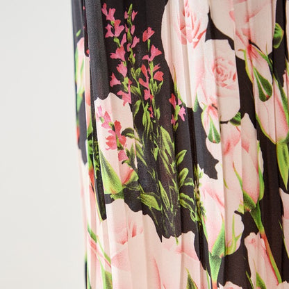 バラ柄 プリント プリーツ ワンピース 半袖 縦ライン 細見え イージーケア M-L