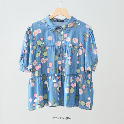 花柄 ドット ティアード ブラウス 綿100% 半袖 パフスリーブ 体型カバー M-L
