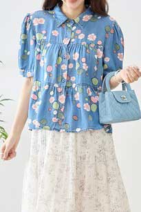 花柄 ドット ティアード ブラウス 綿100% 半袖 パフスリーブ 体型カバー M-L