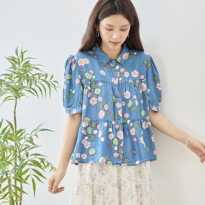 花柄 ドット ティアード ブラウス 綿100% 半袖 パフスリーブ 体型カバー M-L