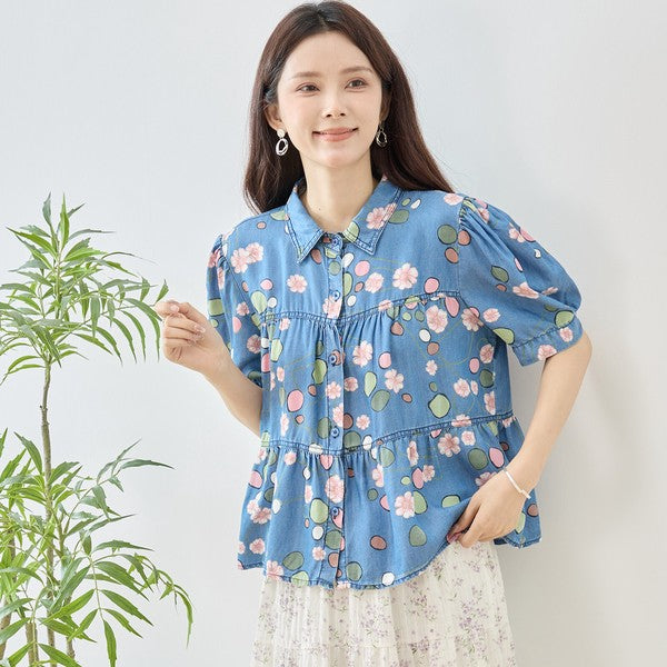 花柄 ドット ティアード ブラウス 綿100% 半袖 パフスリーブ 体型カバー M-L