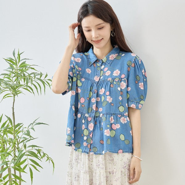 花柄 ドット ティアード ブラウス 綿100% 半袖 パフスリーブ 体型カバー M-L