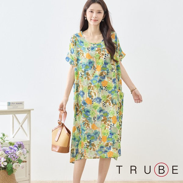 水彩 ボタニカル柄 綿100% フレンチスリーブ ワンピース ゆったり 体型カバー M-L