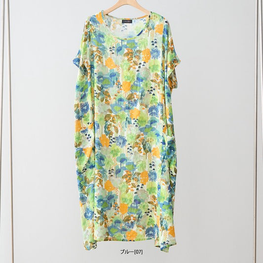 水彩 ボタニカル柄 綿100% フレンチスリーブ ワンピース ゆったり 体型カバー M-L