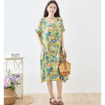 水彩 ボタニカル柄 綿100% フレンチスリーブ ワンピース ゆったり 体型カバー M-L