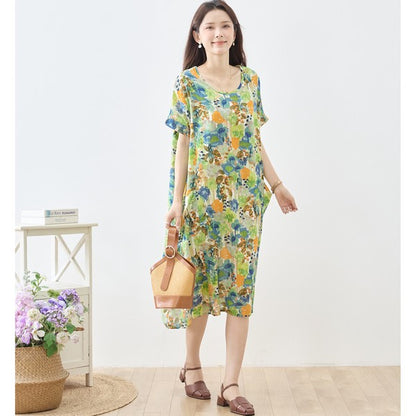 水彩 ボタニカル柄 綿100% フレンチスリーブ ワンピース ゆったり 体型カバー M-L