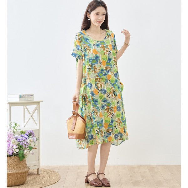 水彩 ボタニカル柄 綿100% フレンチスリーブ ワンピース ゆったり 体型カバー M-L