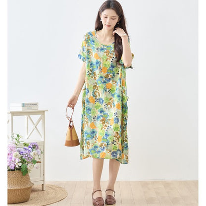 水彩 ボタニカル柄 綿100% フレンチスリーブ ワンピース ゆったり 体型カバー M-L