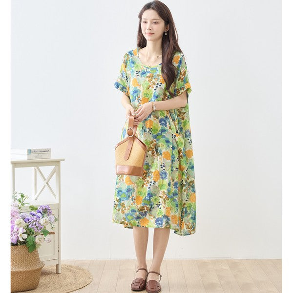 水彩 ボタニカル柄 綿100% フレンチスリーブ ワンピース ゆったり 体型カバー M-L