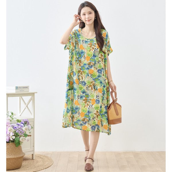 水彩 ボタニカル柄 綿100% フレンチスリーブ ワンピース ゆったり 体型カバー M-L