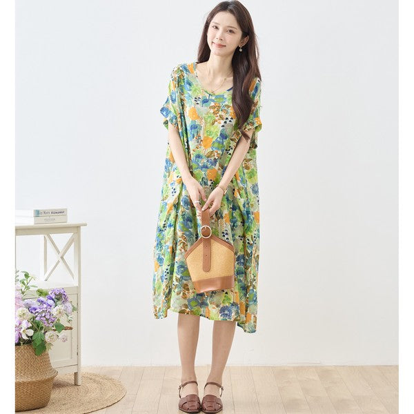 水彩 ボタニカル柄 綿100% フレンチスリーブ ワンピース ゆったり 体型カバー M-L