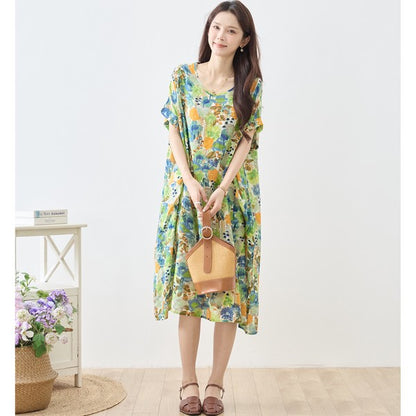 水彩 ボタニカル柄 綿100% フレンチスリーブ ワンピース ゆったり 体型カバー M-L