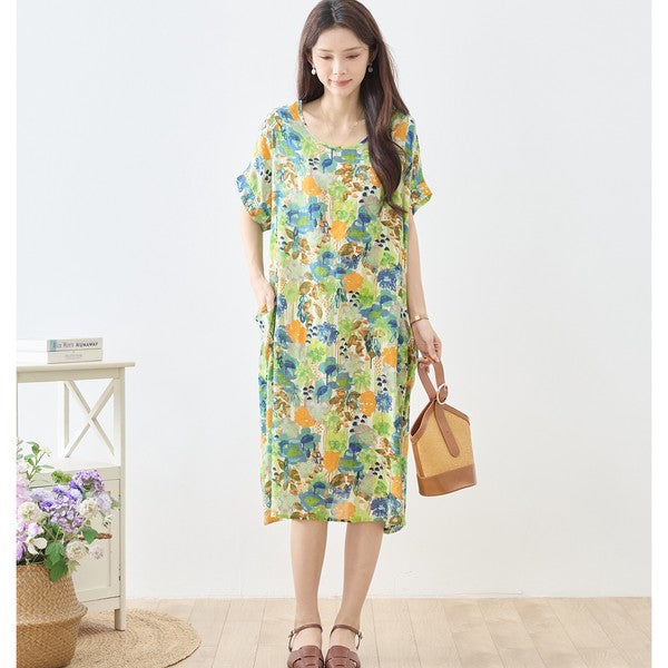 水彩 ボタニカル柄 綿100% フレンチスリーブ ワンピース ゆったり 体型カバー M-L